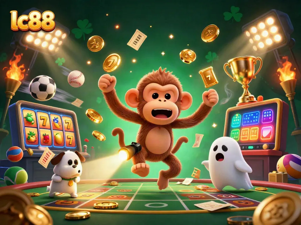Engage with the lively lc88 casino scene featuring a playful poltergeist monkey juggling golden coins.