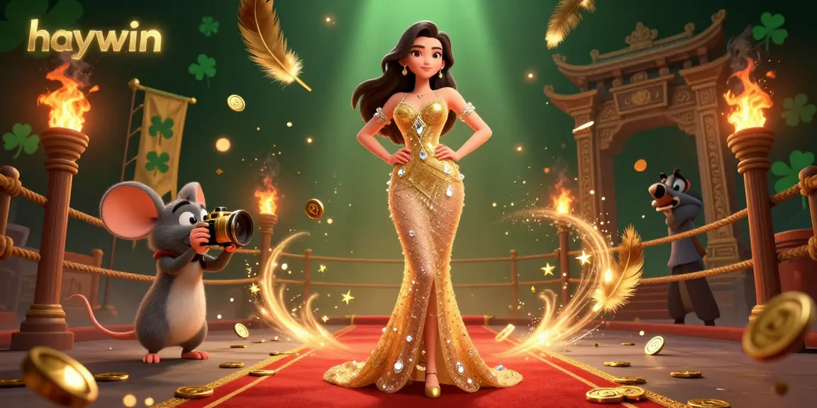 Experience thrilling moments with haywin as glamorous characters dazzle on a red carpet under shimmering gold lights.