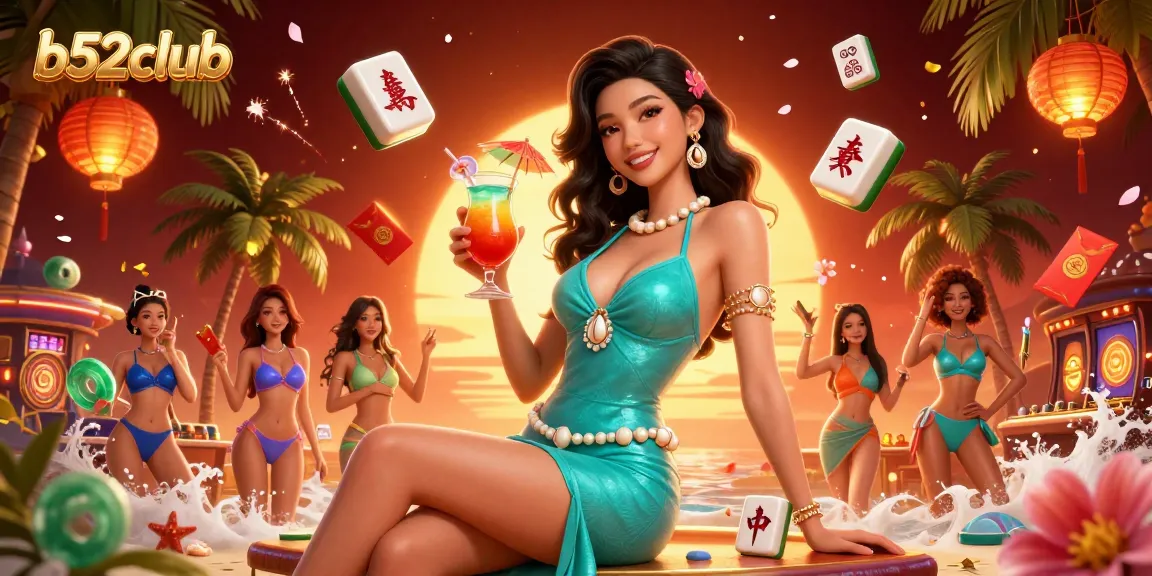 B52Club offers an exciting gaming experience, featuring a glamorous woman enjoying a cocktail in a vibrant casino setting.
