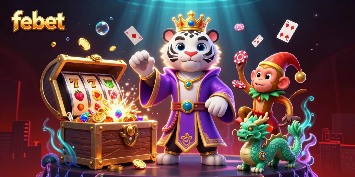 Experience thrills with febet's vibrant casino action featuring a tiger, monkey, and shimmering slot reels.
