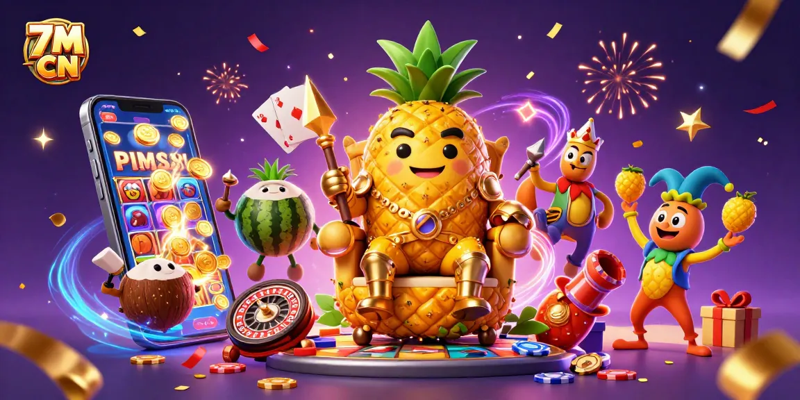Engage with 7M CN's vibrant gambling scene featuring a golden pineapple king and dynamic casino elements.