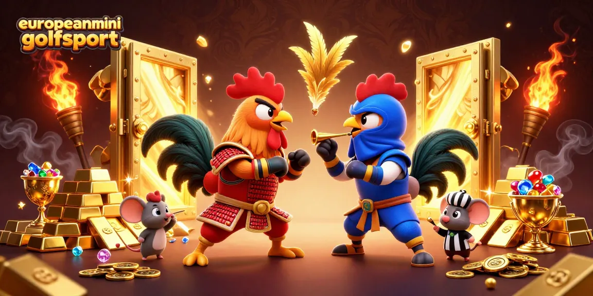 Cockfight with dynamic roosters and treasures, highlighting europeanminigolfsport excitement.