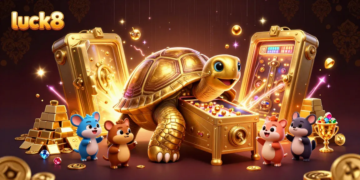 Experience the thrill of luck8 with a lively scene of golden tortoises and treasure-filled pinball excitement.