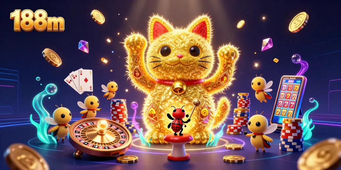 Win big with 188m, where a lucky cat and dynamic casino symbols create a vibrant gaming atmosphere.