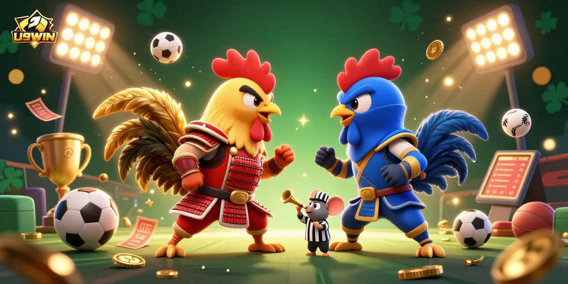 Experience thrilling U9WIN action with dueling roosters in a high-stakes standoff surrounded by sports elements.