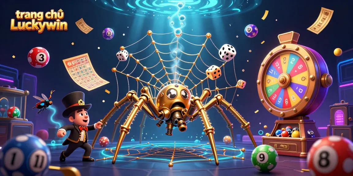 Experience the excitement of trang chủ Luckywin with a steampunk spider and vibrant lottery balls.