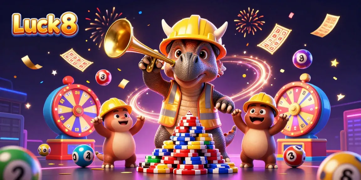 Engaging illustration of Luck 8, where a triceratops builds poker chips amidst a celebration of colorful lottery elements.