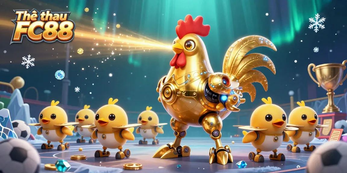 Engage with Thể thao FC88 by witnessing the vibrant sports betting landscape, highlighted by a futuristic rooster and baby chick drones.