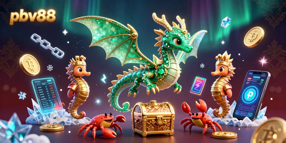 Engaging pbv88 3D illustration featuring a sea dragon amidst crypto coins in a vibrant casino scene.