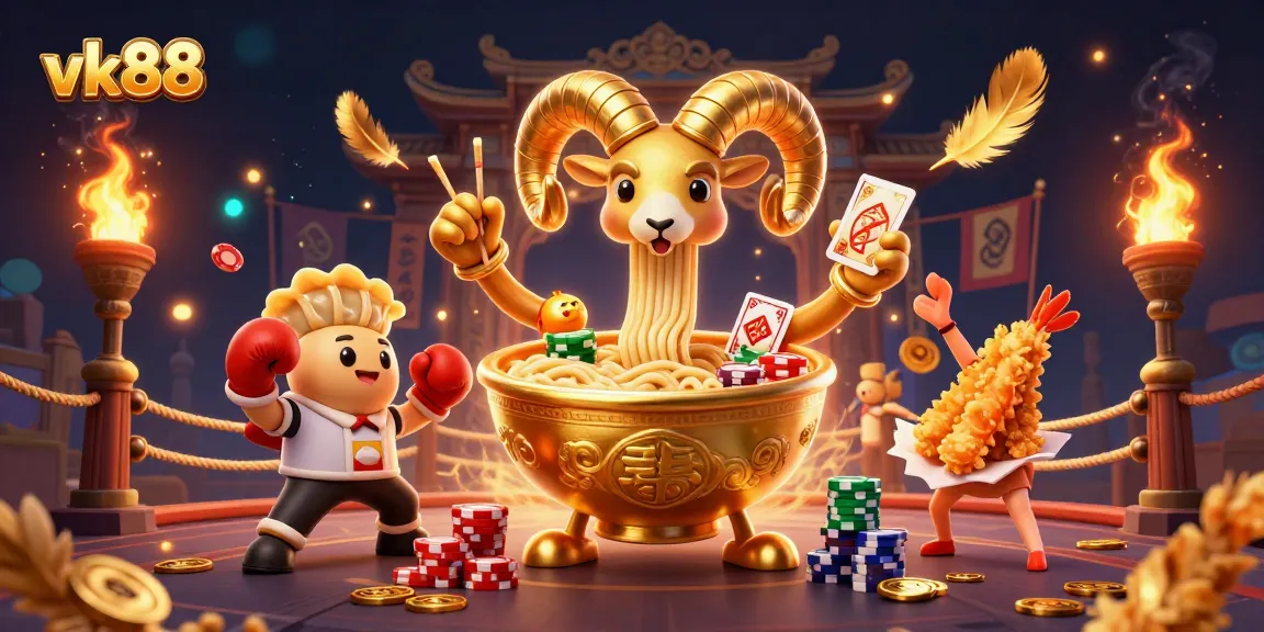 Engage with vk88's dynamic casino scene featuring vibrant characters dealing cards and stacking chips.