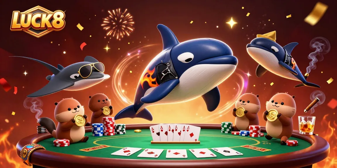 LUCK8 interactive casino scene featuring playful orca, stingray, and otters enjoying games and winning coins.