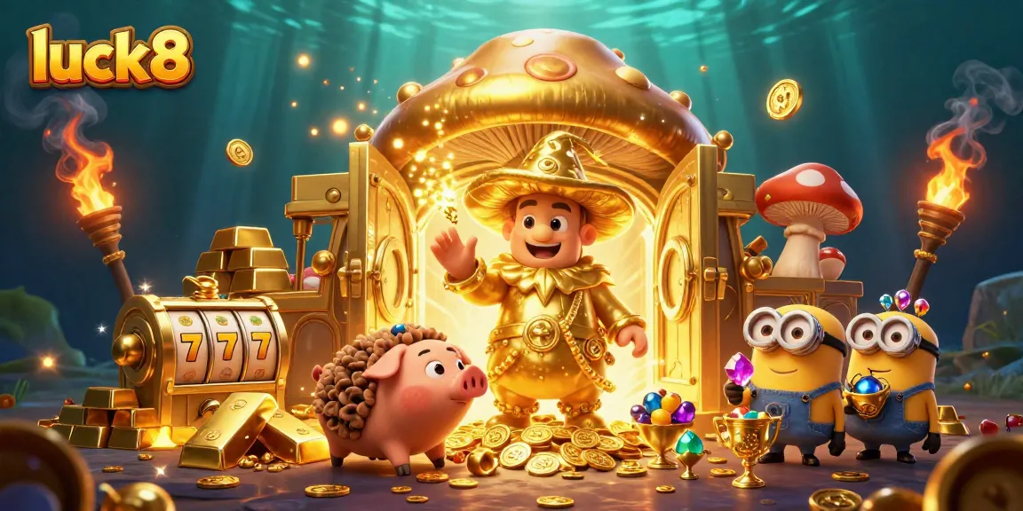 Spin the slots with luck8's golden wizard and treasure elements in this vibrant 3D illustration.