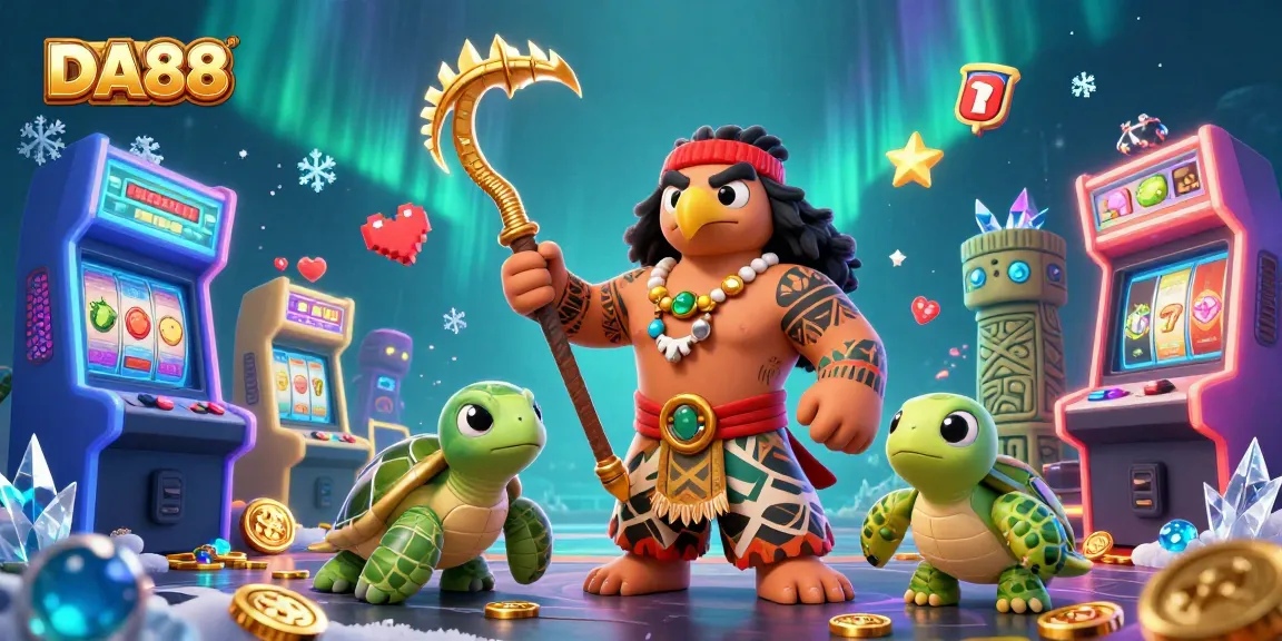 Spin the reels with DA88's vibrant multi-character casino adventure, featuring a Polynesian demigod and gaming elements.