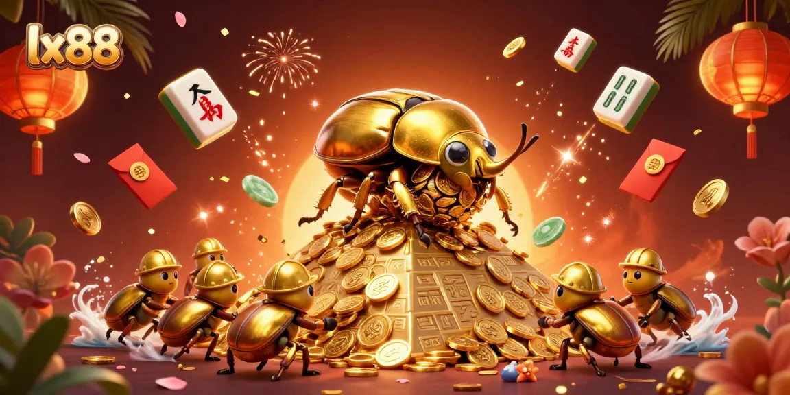Engage with lx88's vibrant gaming world featuring dynamic illustrations of golden beetles rolling coins and festive decorations.