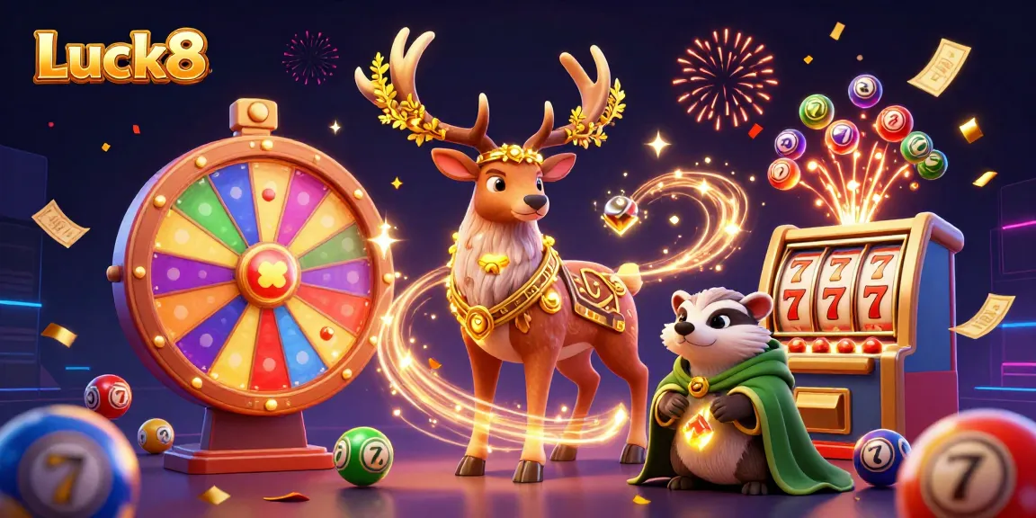 Luck8 lottery and gaming scene with vibrant balls, jackpots, and featuring cartoon characters.