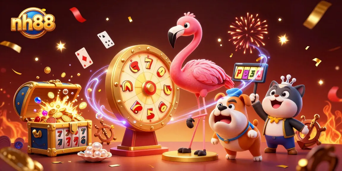 Engage with exciting nh88 casino action featuring a flamingo host, carnival atmosphere, and vibrant game elements.