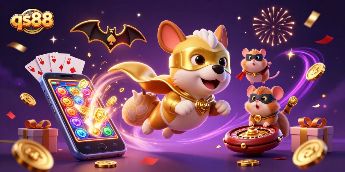 Experience exciting games and rewards at qs88 with a superhero dog and hamster amidst vibrant casino elements.