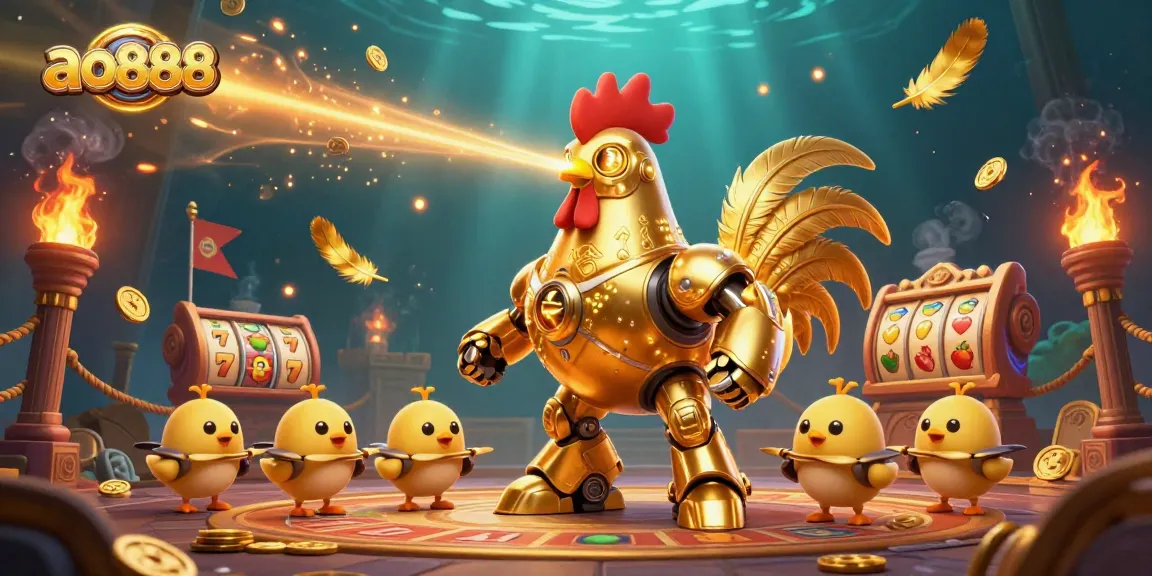 Engage in exciting gameplay with ao888 through golden rooster robot and slot symbols.
