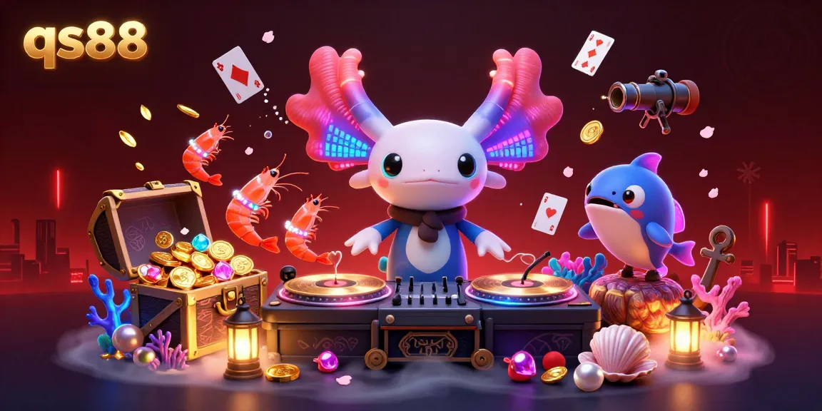qs88 engages players with vibrant underwater gaming excitement featuring a neon axolotl DJ and animated sea creatures.