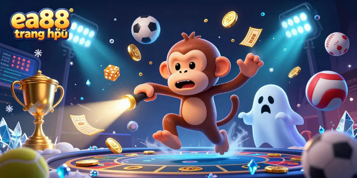 Play and win big on ea88 trang chủ as a mischievous monkey interacts with sports elements in a haunted casino.