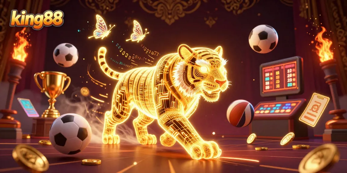 Experience thrilling gaming action with king88 in a dynamic 3D casino scene featuring golden tiger and vibrant sports elements.