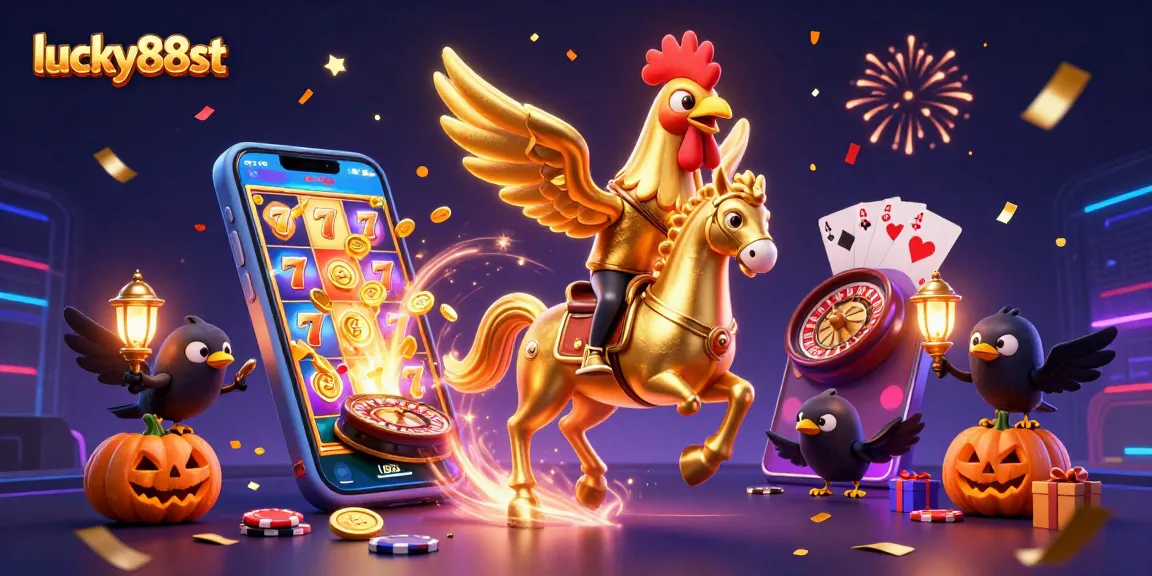 Engage with lucky88st: a vibrant scene of a golden rooster in a midnight casino thrilling players.