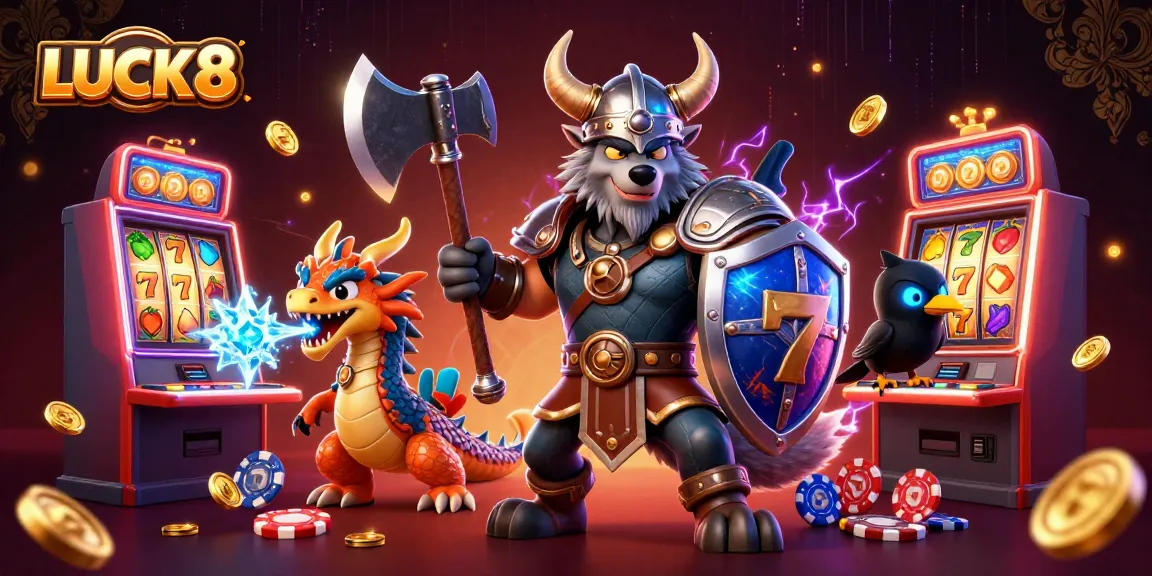Engage in thrilling gaming adventures at LUCK8 showcasing a Viking wolf warrior, fierce dragon, and glowing raven in a vibrant casino