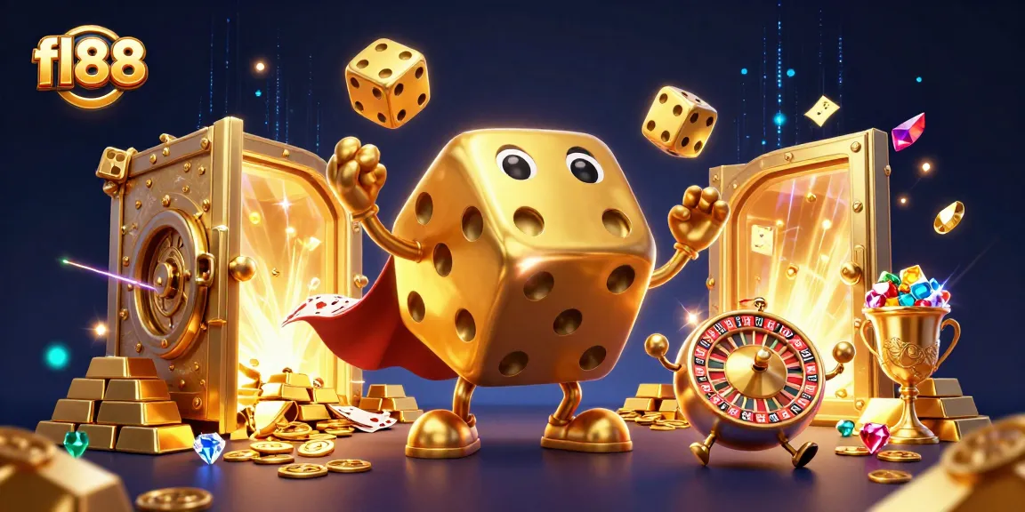fl88 illustrates a dynamic casino scene with a golden dice golem and treasures, enhancing excitement.