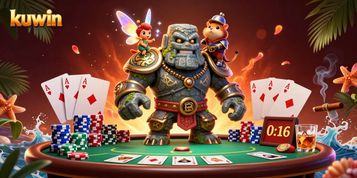 Kuwin brings excitement with magical characters enjoying poker in a vibrant casino scene.