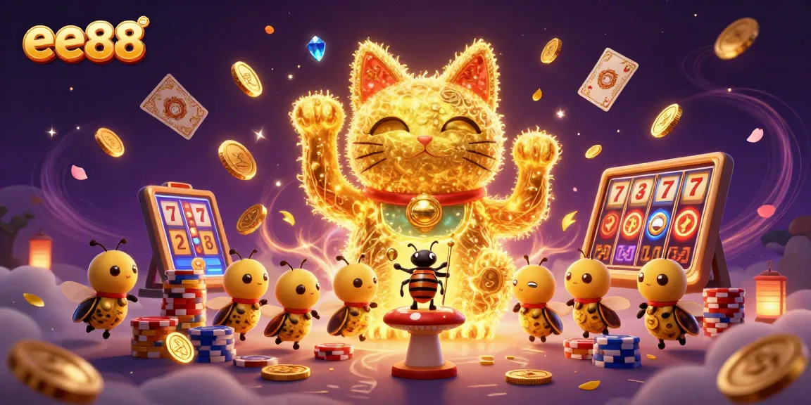Enjoy exciting gameplay at ee88 while cascading coins and vibrant casino symbols light up the scene.