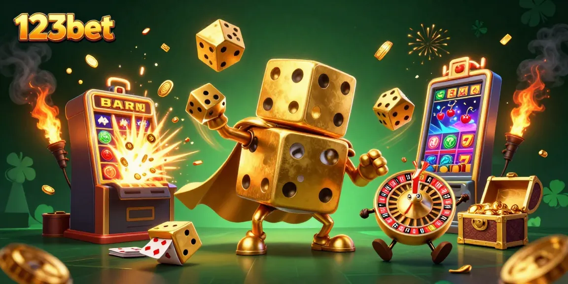 Engage with thrilling games at 123bet, featuring vibrant golden dice and slot machines.