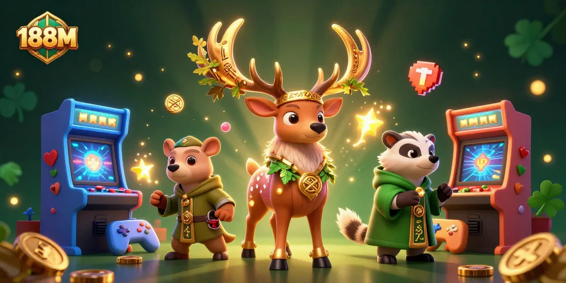 Experience thrilling games at 188M, featuring a magical druid stag and badger in an enchanting casino setting.