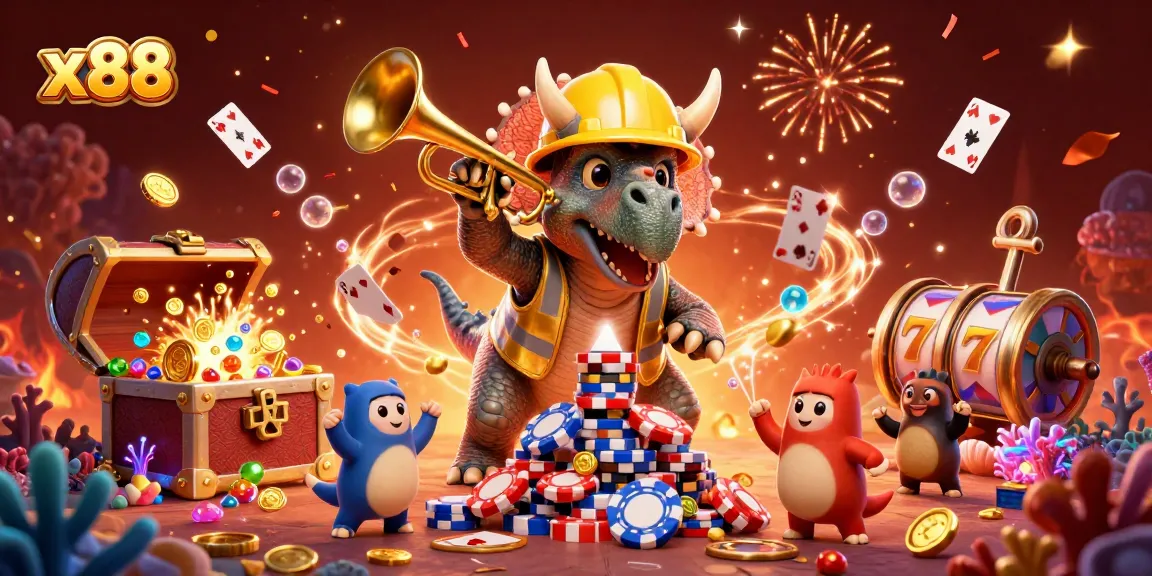 x88 casino scene with animated dinosaurs and poker chips, lively and colorful celebration