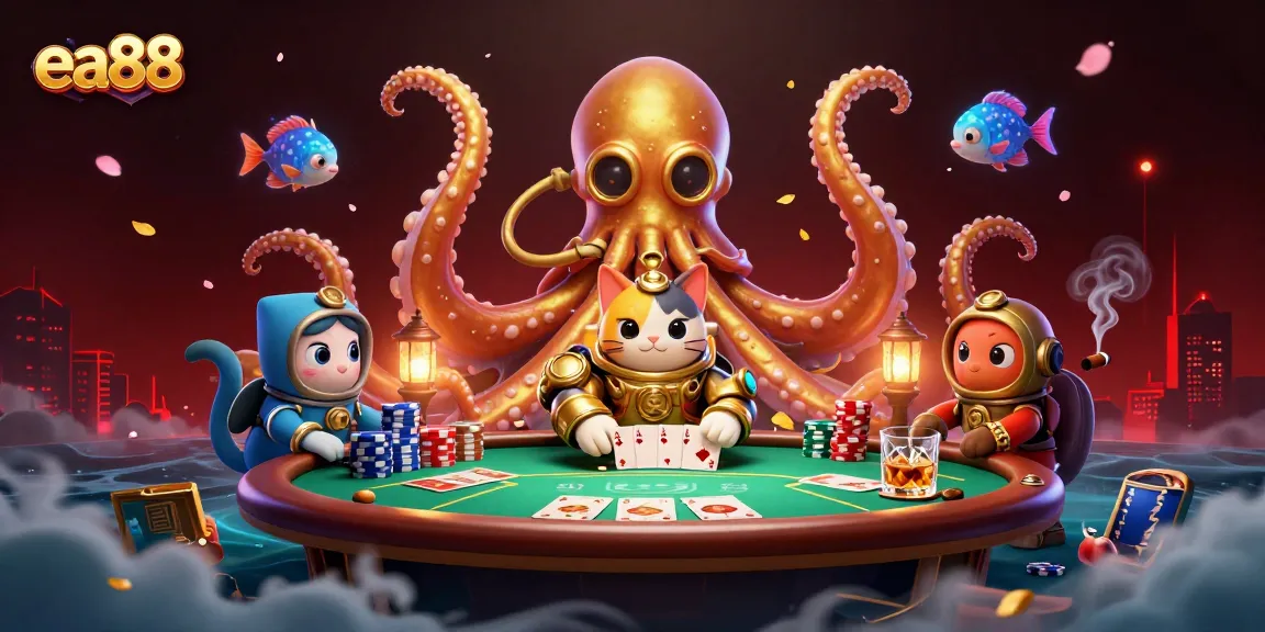 Experience thrilling gambling action at ea88 with a kraken and diving cat in this vibrant 3D illustration.