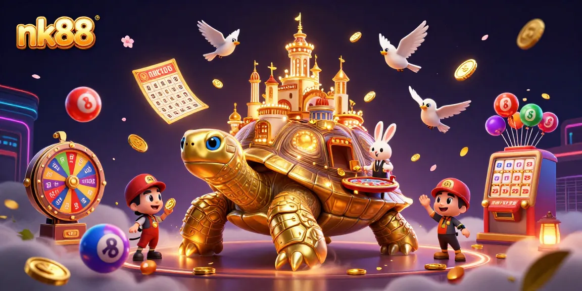 nk88 presents a vibrant casino adventure with a golden tortoise, dealer, and flying coins.