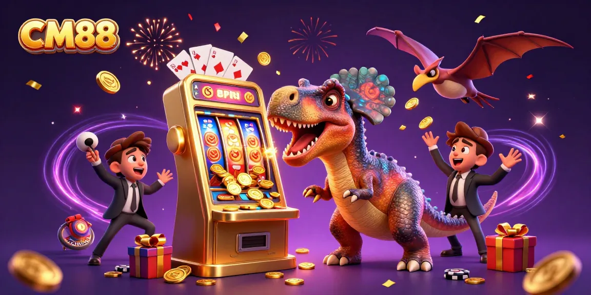 CM88 jackpots surround a pachycephalosaurus and ankylosaur, creating vibrant casino energy.