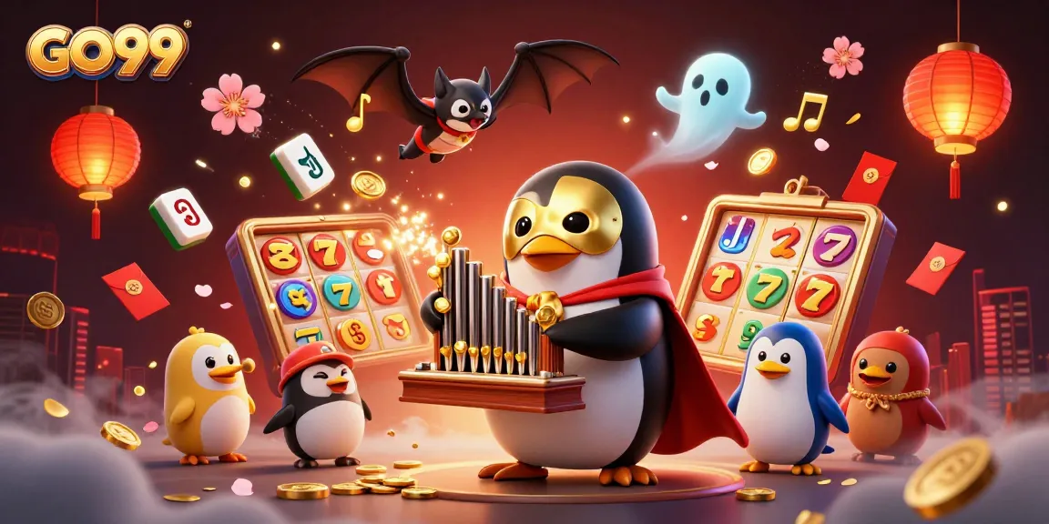 Experience excitement with GO99 as a phantom penguin plays a winning organ, showering coins in a vibrant casino scene.