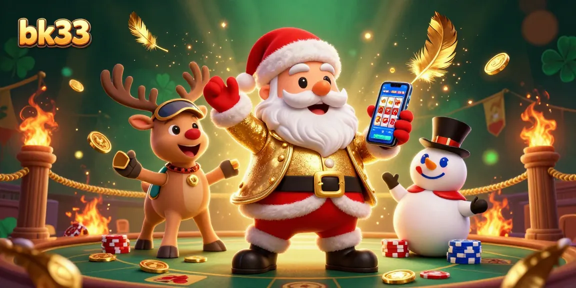 Engage in thrilling jackpot slots action with bk33 at a vibrant casino scene featuring Santa Claus and friends.