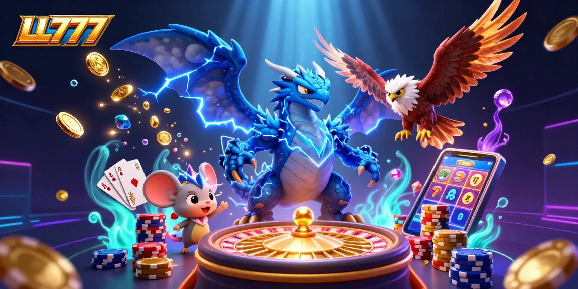 Experience thrilling gaming action at LL777 with vibrant characters and casino elements in a dynamic casino scene.