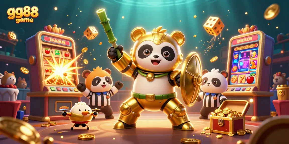 Experience thrilling moments in the gg88 game as the golden panda battles with robots amidst promising jackpots and vibrant casino ambiance.