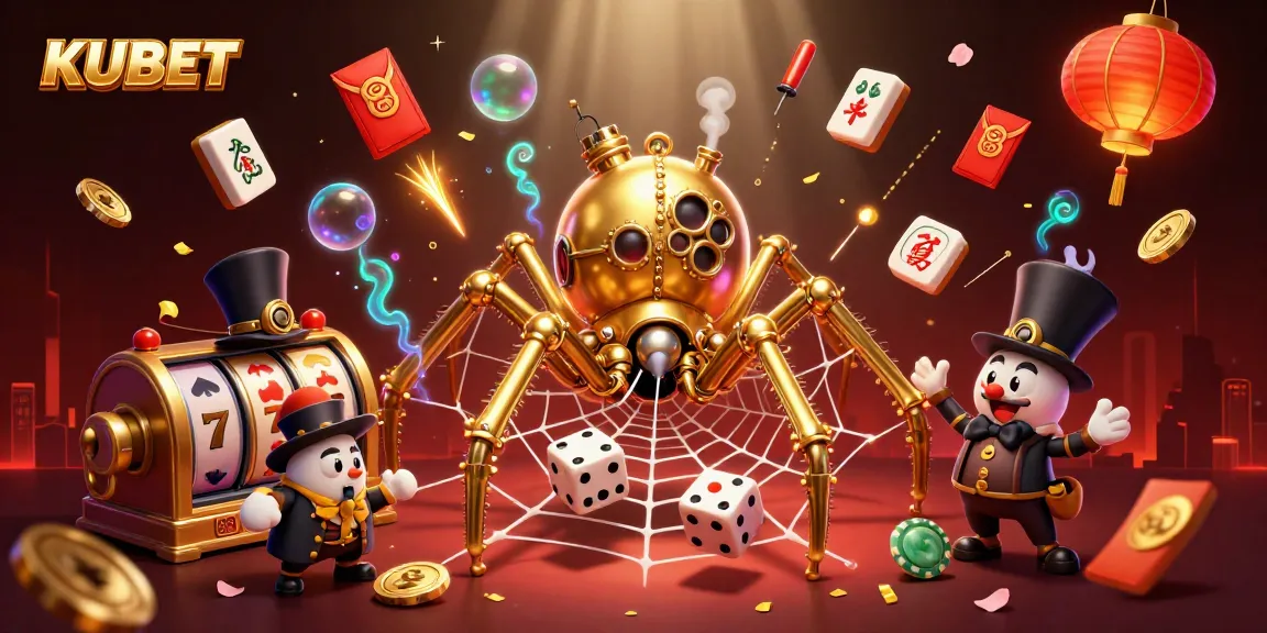 KUBET showcases a vibrant 3D scene with a steampunk spider and floating casino elements.