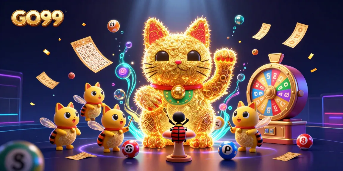Experience excitement with GO99 featuring a giant lucky cat among dynamic casino symbols.