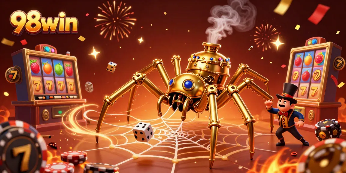 98win's golden spider traps unlucky dice amid vibrant slot symbols and festive decorations.