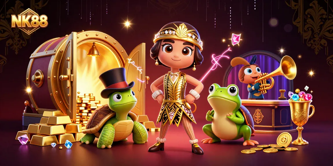 Experience NK88 with vibrant 3D characters celebrating a rich gambling atmosphere at a casino.