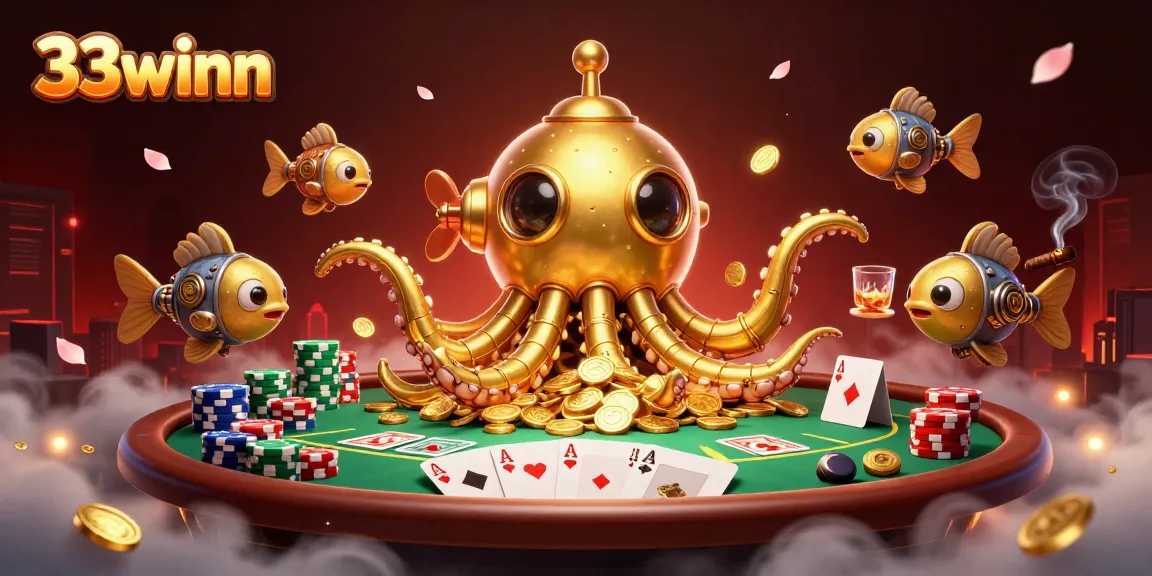 Engage your luck at 33winn with a thrilling 3D casino adventure featuring a golden kraken and poker elements.