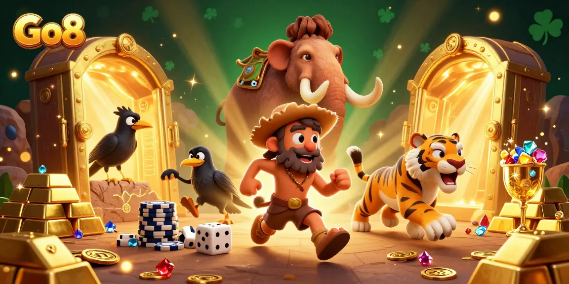 Experience thrilling gameplay at Go8 with caveman and tiger duo running a casino.