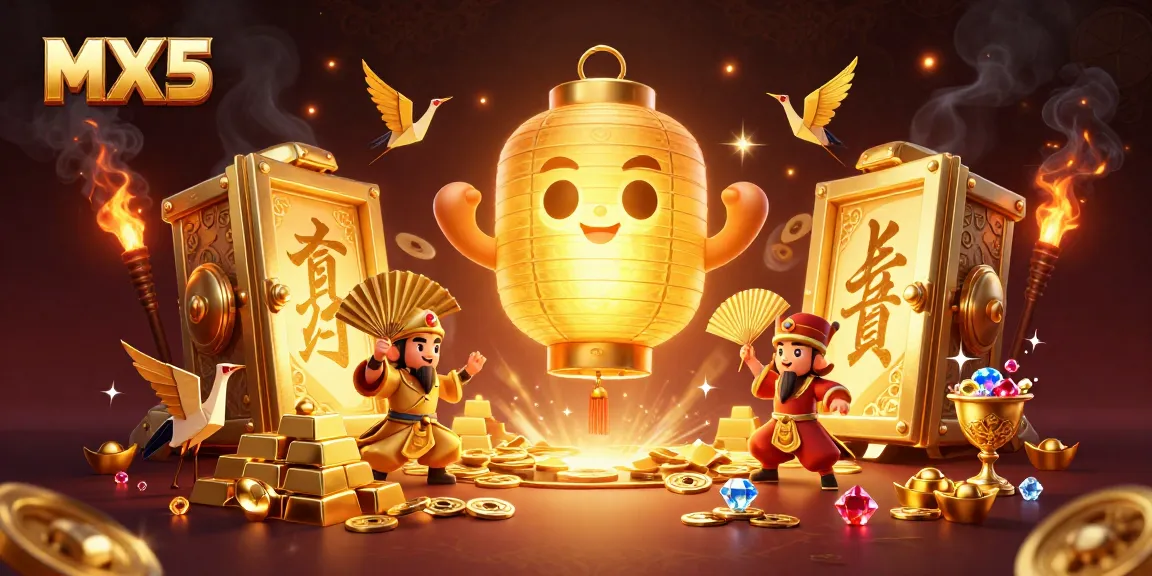 Join the excitement at MX5's vibrant casino scene featuring golden lanterns and treasures.