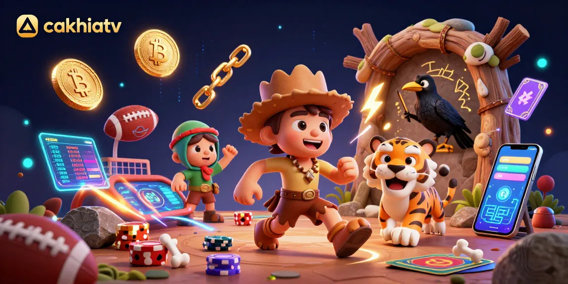 CakhiaTV showcases a dynamic prehistoric casino scene with vibrant characters and crypto elements.